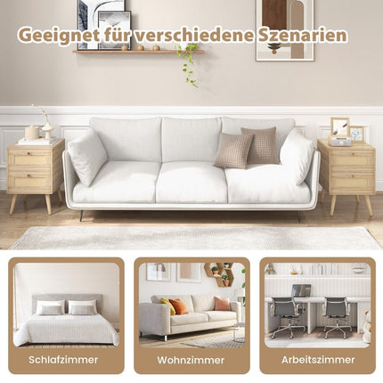 Rattan Nachttisch im Boho Stil mit 2 Schubladen &amp; Massivholzbeinen Moderner Nachttisch