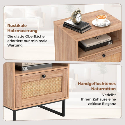 Rattan Nachttisch im Mittelalter Stil mit Schublade &amp; offenem Fach Beistelltisch Akzenttisch