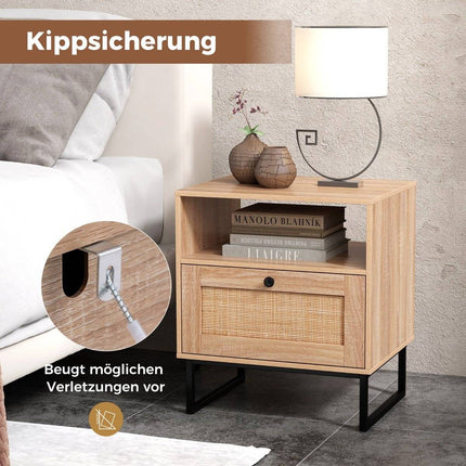 Rattan Nachttisch im Mittelalter Stil mit Schublade &amp; offenem Fach Beistelltisch Akzenttisch
