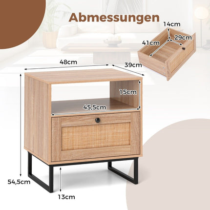 Rattan Nachttisch im Mittelalter Stil mit Schublade &amp; offenem Fach Beistelltisch Akzenttisch