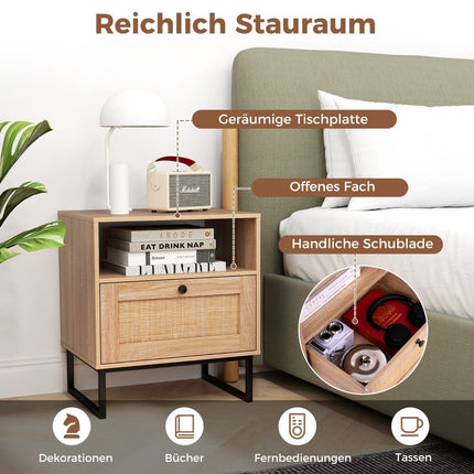 Rattan Nachttisch im Mittelalter Stil mit Schublade &amp; offenem Fach Beistelltisch Akzenttisch