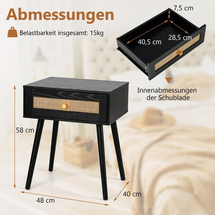 Rattan bedside table with drawer and solid wood legs 48 x 40 x 58 cm Black