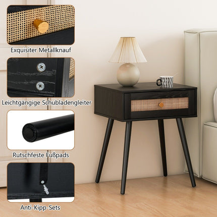 Rattan bedside table with drawer and solid wood legs 48 x 40 x 58 cm Black