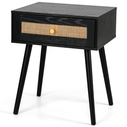Rattan bedside table with drawer and solid wood legs 48 x 40 x 58 cm Black