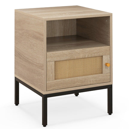 Rattan bedside table with open shelf and cupboard 40 x 40 x 57 cm natural