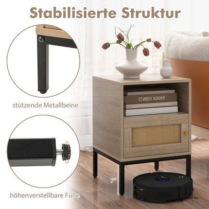Rattan bedside table with open shelf and cupboard 40 x 40 x 57 cm natural