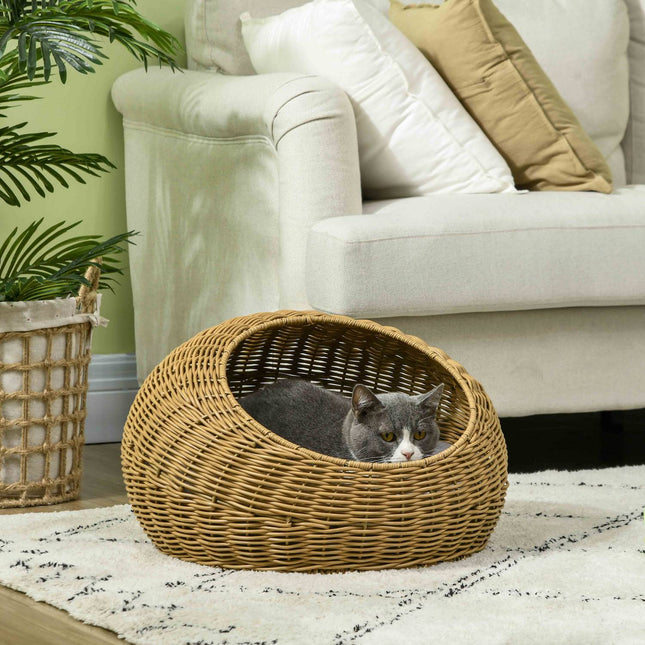 Rattanhaus mit Kissen, Haustierbett für drinnen, hellbraun
