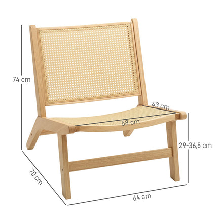 Rattansessel, Lesesessel, Holzrahmen, breite Sitzfläche, 64 x 70 x 74 cm, Naturholz