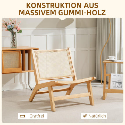 Rattansessel, Lesesessel, Holzrahmen, breite Sitzfläche, 64 x 70 x 74 cm, Naturholz