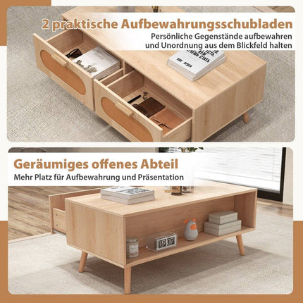 Rattan coffee table with 2 drawers, 100 x 50 x 41 cm, natural