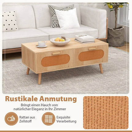 Rattan coffee table with 2 drawers, 100 x 50 x 41 cm, natural