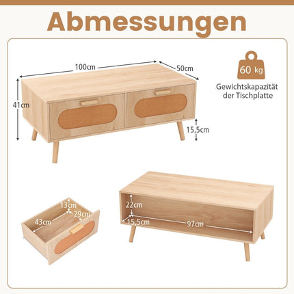 Rattan coffee table with 2 drawers, 100 x 50 x 41 cm, natural