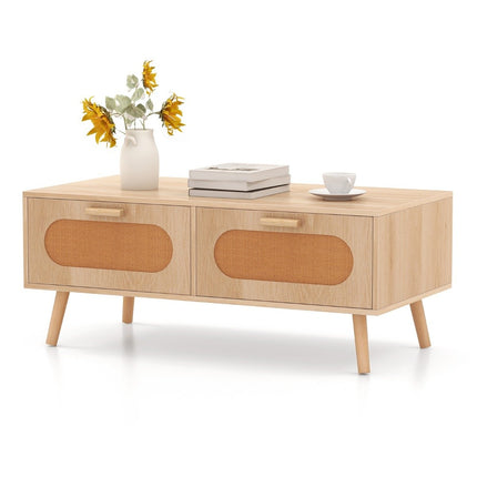 Rattan coffee table with 2 drawers, 100 x 50 x 41 cm, natural