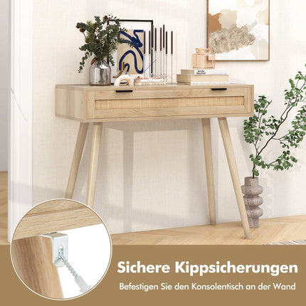 Rattan-Konsolentisch mit ausziehbarer Schublade, Eingangstisch, Bauernhaus-Holztisch