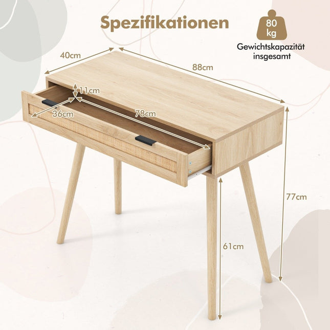 Rattan-Konsolentisch mit ausziehbarer Schublade, Eingangstisch, Bauernhaus-Holztisch