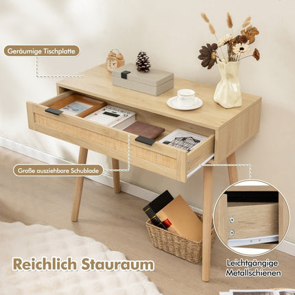 Rattan-Konsolentisch mit ausziehbarer Schublade, Eingangstisch, Bauernhaus-Holztisch