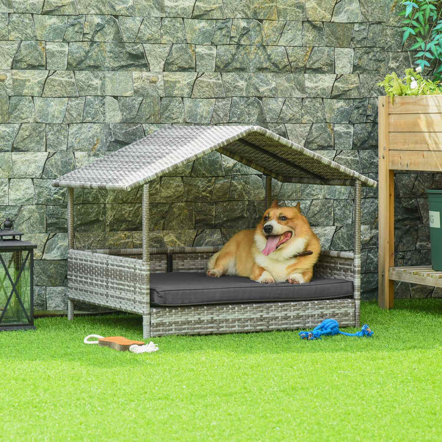 Hundehütte aus Outdoor-Rattan mit Kissen - Grau, 69 x 98 x 70 cm