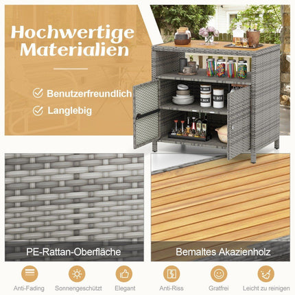 Rattan-Gartenschrank mit Akazienholz-Arbeitsplatte &amp; offenem Fach Buffetschrank grau