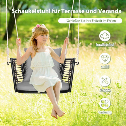 Rattan Hängesessel mit einer Tragkraft bis 180 kg, Hängesitz mit Kissen &amp; Grauem Metallgestell