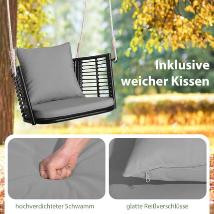 Rattan Hängesessel mit einer Tragkraft bis 180 kg, Hängesitz mit Kissen &amp; Grauem Metallgestell