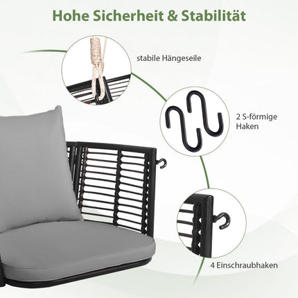 Rattan Hängesessel mit einer Tragkraft bis 180 kg, Hängesitz mit Kissen &amp; Grauem Metallgestell