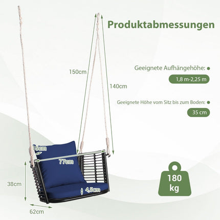 Rattan Hängesessel mit einer Tragkraft bis 180 kg, Hängesitz mit Kissen &amp; Grauem Metallgestell
