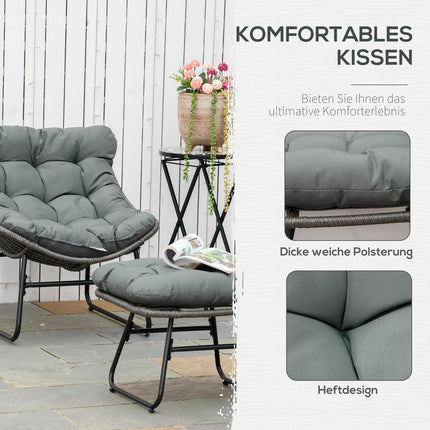 Chaise de relaxation en rotin avec repose-pieds chaise de jardin chaise d'extérieur en rotin avec coussins, acier et polyester, gris 69x76x70 cm pour jardin et terrasse |