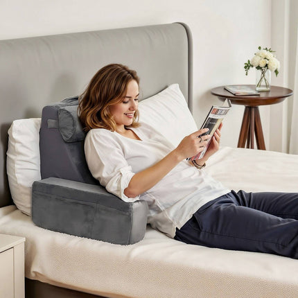 Reading Pillow Backrest With Armrests, 3 Pockets, Grey