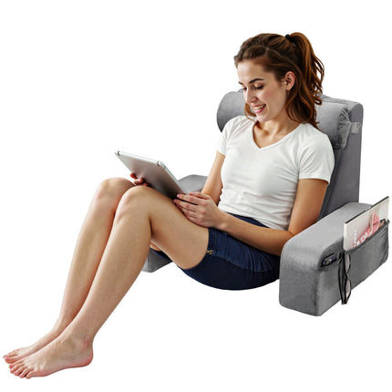 Reading Pillow Backrest With Armrests, 3 Pockets, Grey