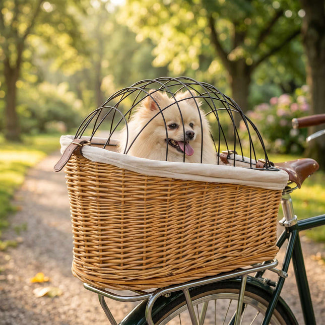 Rear Bike Basket for Dogs and Cats, Wicker with Lid and Cushion