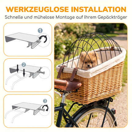 Fahrradkorb hinten für Hunde und Katzen, Weide mit Deckel und Kissen
