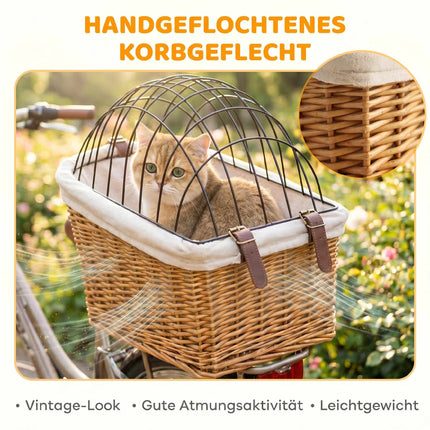 Fahrradkorb hinten für Hunde und Katzen, Weide mit Deckel und Kissen
