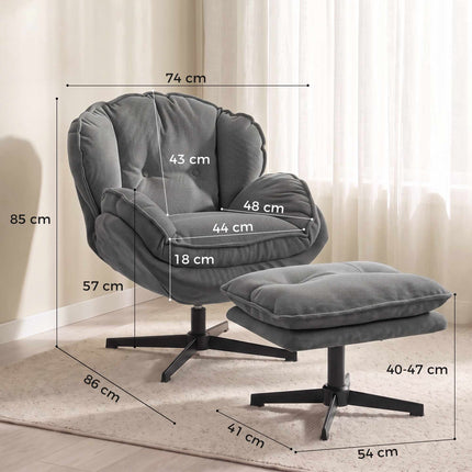 Recliner Chair with Adjustable Ottoman, 360 Swivel, Grey Chenille
