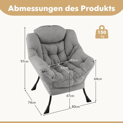 Relaxliegesessel mit Armlehnen, Seitentasche, Fußstütze - Grau