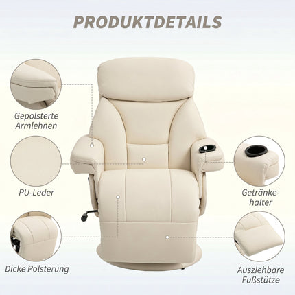 Recliner Chair with Cup Holder and Side Pocket, Cream PU Leather