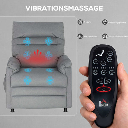 Sessel mit Massagefunktion, Heizung, USB-Anschluss, Grau Samt