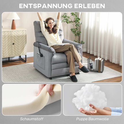Sessel mit Massagefunktion, Heizung, USB-Anschluss, Grau Samt