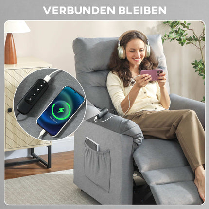 Sessel mit Massagefunktion, Heizung, USB-Anschluss, Grau Samt