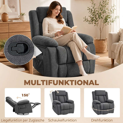 Recliner with Massage, Heat, Swivel, Rocking – Grey Velvet