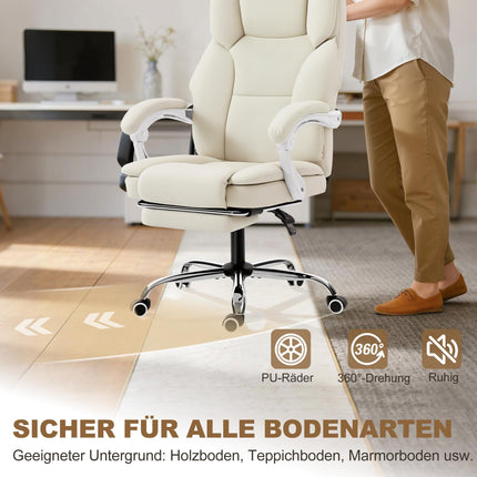 Reclining Office Chair with Footrest, Adjustable Height, Beige