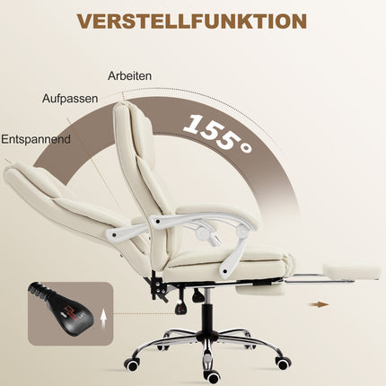 Reclining Office Chair with Footrest, Adjustable Height, Beige