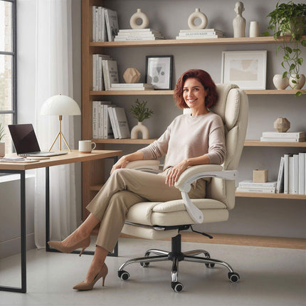 Reclining Office Chair with Footrest, Adjustable Height, Beige