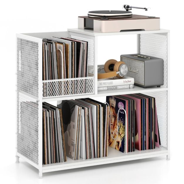 Stolek na gramofon, 3patrový úložný prostor na vinyly, bílá