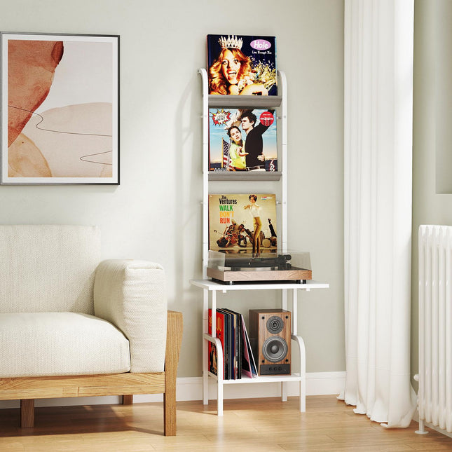 Stolek na gramofon, 5patrový regál na vinyly, bílá