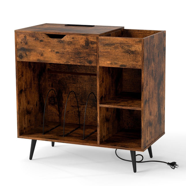 Plattenspielerständer Plattenschrank mit Steckdose &amp; USB &amp; Typ C 79,5 x 40 x 79 cm Rustikal braun
