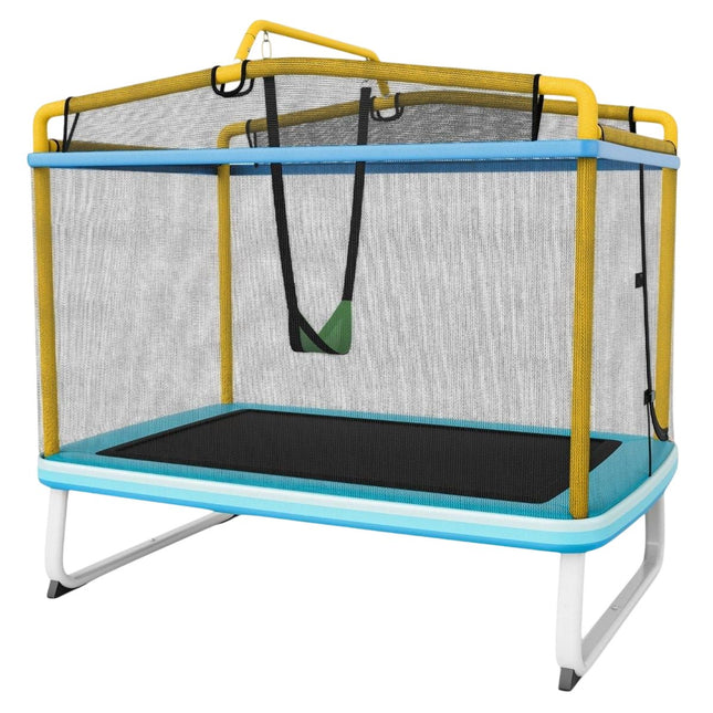 Rechteckiges 3-in-1 Kindertrampolin 190 x 124cm Freizeittrampolin mit Netz Blau + Gelb