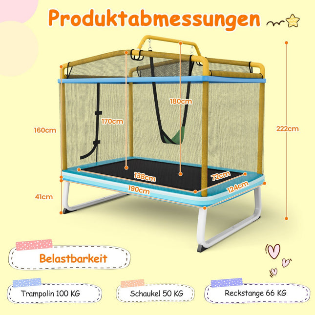 Rechteckiges 3-in-1 Kindertrampolin 190 x 124cm Freizeittrampolin mit Netz Blau + Gelb