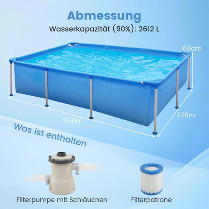 Rectangular Above-Ground Pool with Filter Pump, 2612L Capacity