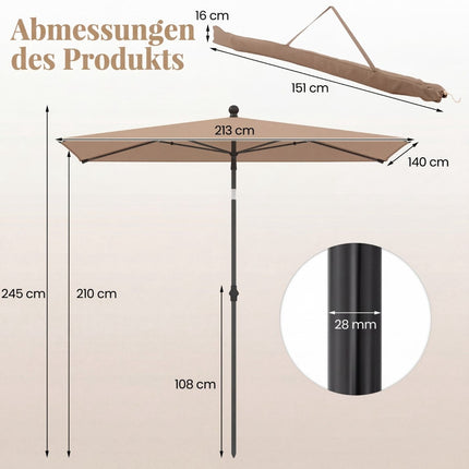 Rectangular Balcony Umbrella, Adjustable Tilt, Brown, 213x140 cm