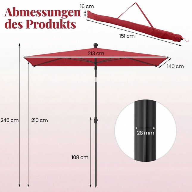 Rechteckiger Balkonsonnenschirm, neigbar, Rot, 213x140 cm